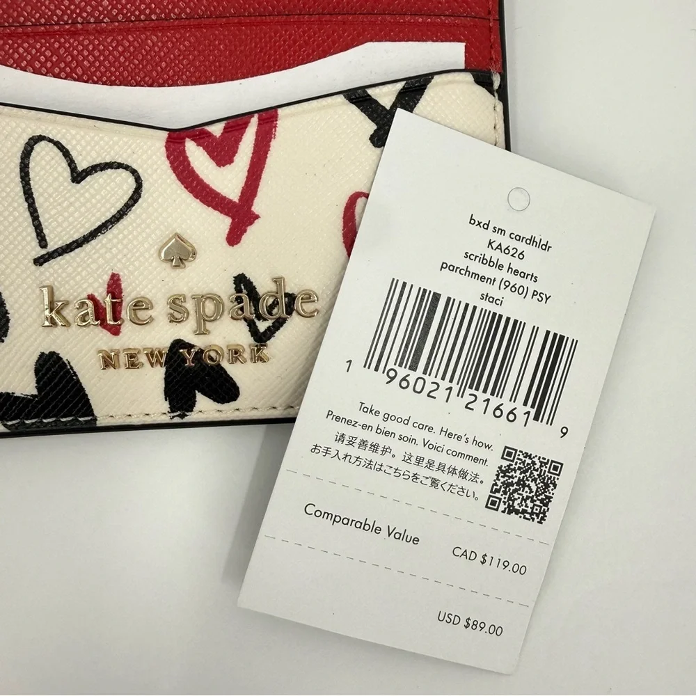Kate Spade Small Slim Cardholder in Scribble Hearts Parchment NIB